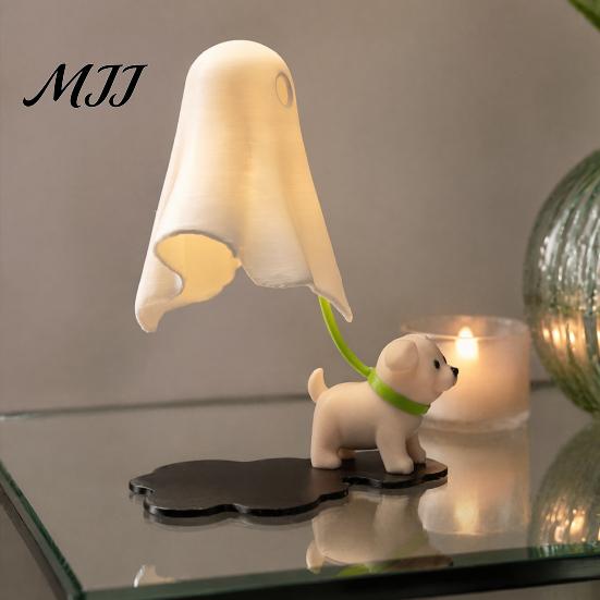 3D Printed Halloween Decor Ghost Walking Dog Night Light, LED Warm Lamp, Cute Puppy Figurine Statue with Candle, Home Party Holiday Table Gift