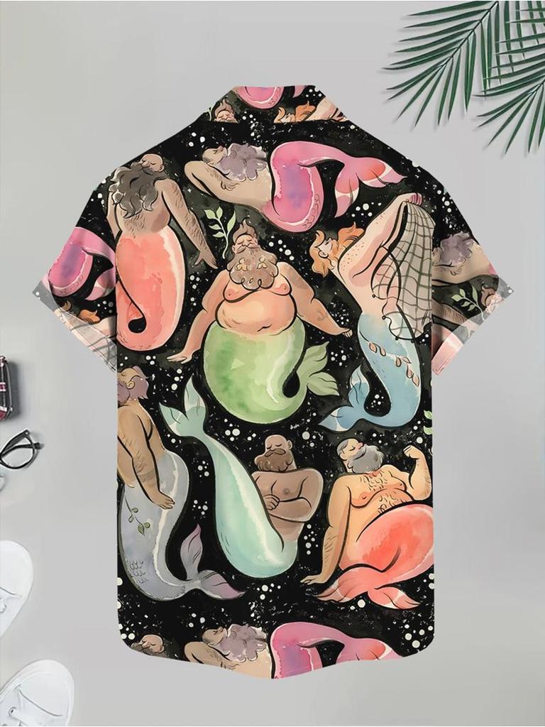 Herren Casual Kurzarmhemd, Cartoon-Meerjungfrauenmuster bedruckt, Polyester-Material, Mehrfarbig, Mehrere Spezifikationen erhältlich, Modisch