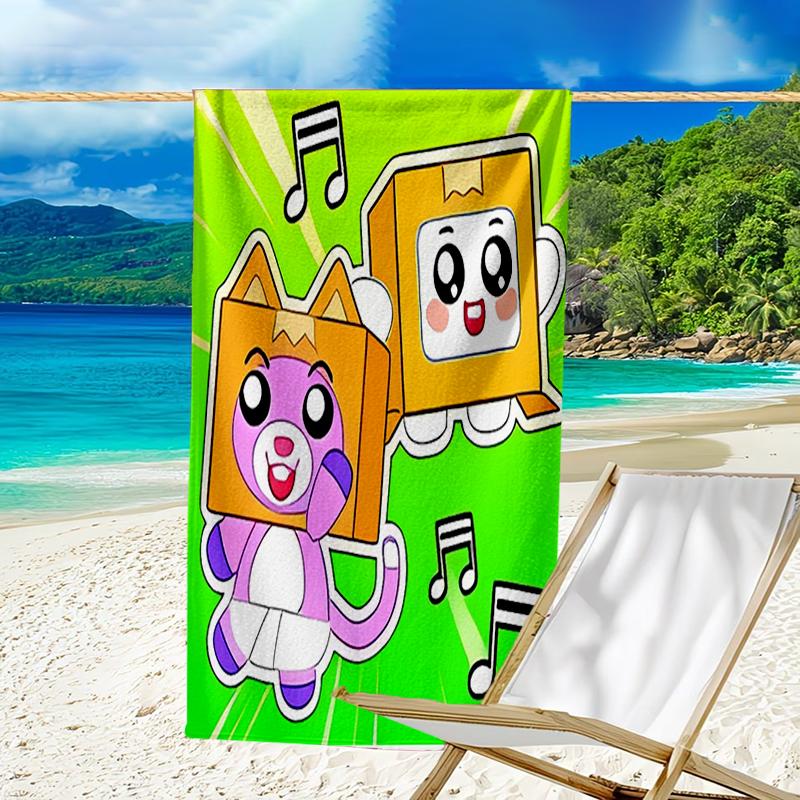 proof beach towel with a Lankybox Foxy and Rocky3 pattern - soft,absorbent,quick-drying,machine washable - perfect for swimming,camping,bathing