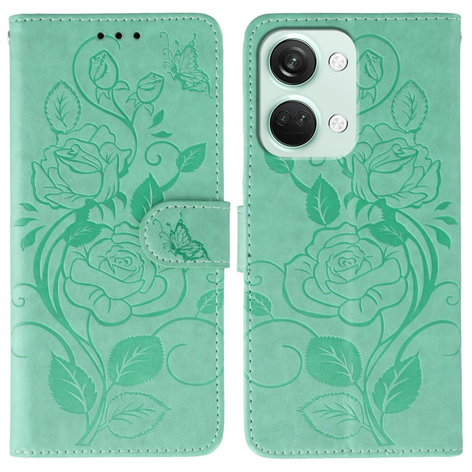 

For OnePlus Nord 3 5G Case Wallet Stand Imprinted Rose Butterfly PU Leather Phone Cover Green