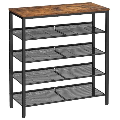 VASAGLE Shoe Rack, Stylish, Space-Saving, 5-Tier, Large Capacity, Wooden Entryway Storage, 28cm Deep x 93cm High, Adjustable Mesh Shelf, Vintage Style