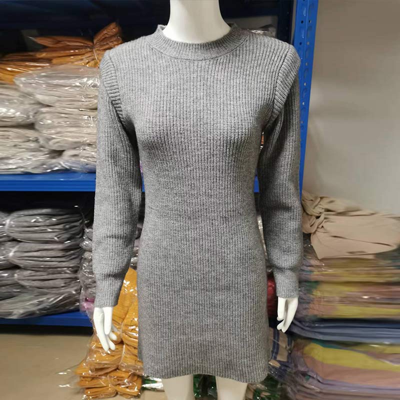 2024 Autumn/Winter Pure Color Round Neck Long Sleeve Hip Wrap Sweater Women's Dress