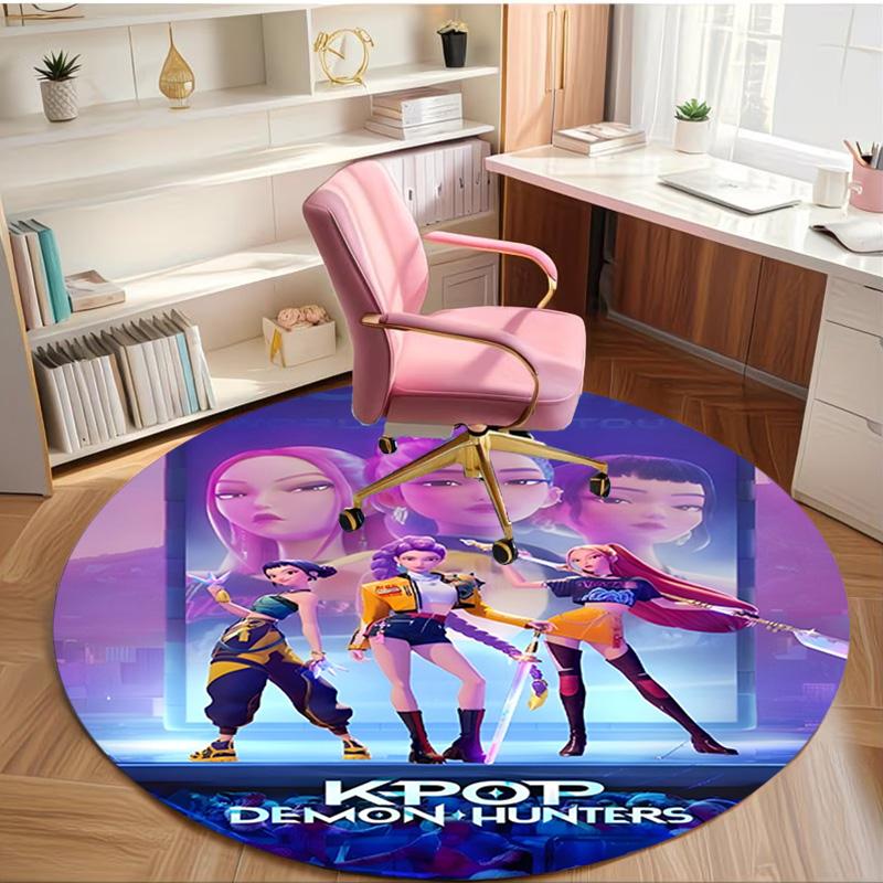 Tappeto Rotondo con Stampa KPop Demon Hunters, Tappeto da Pavimento Lavabile, Per Ingresso, Stanza del Dormitorio, Lavanderia, Ufficio, Studio, Decorazione per la Casa, Regalo di Compleanno Natale