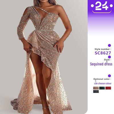 Dreamy High-Slit Sequin Evening Dress - Long Sleeve Women's Formal Wear