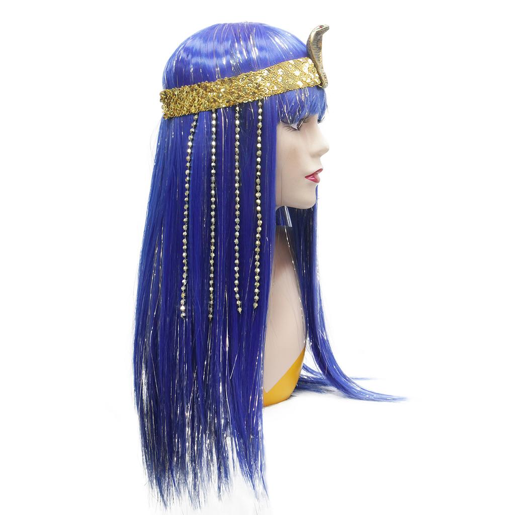 Blue Straight Fringe Synthetic Wig Cleopatra Snakehead Headwear with Wig Queen of Egypt Wig