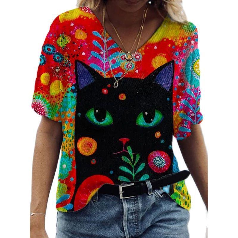 Women's 3d Cats Print T-Shirt Fashion Woman Blouses 2024 Funny Kawaii V-Neck T Shirt Female Clothing Oversized Summer Tops Tees