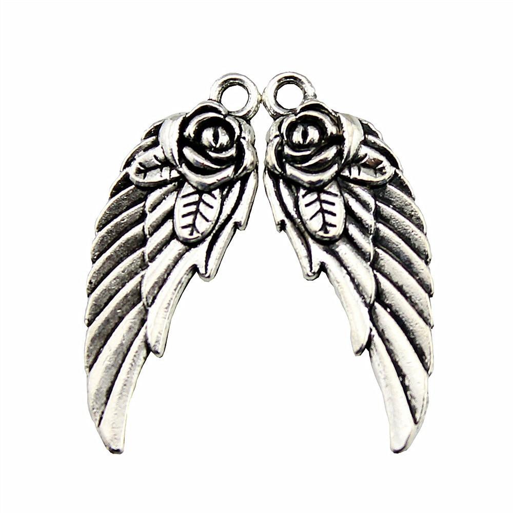 

10 шт., подвески в виде крыла ангела с цветком, подвески, античное серебро, цвет цинкового сплава, 30X12 мм