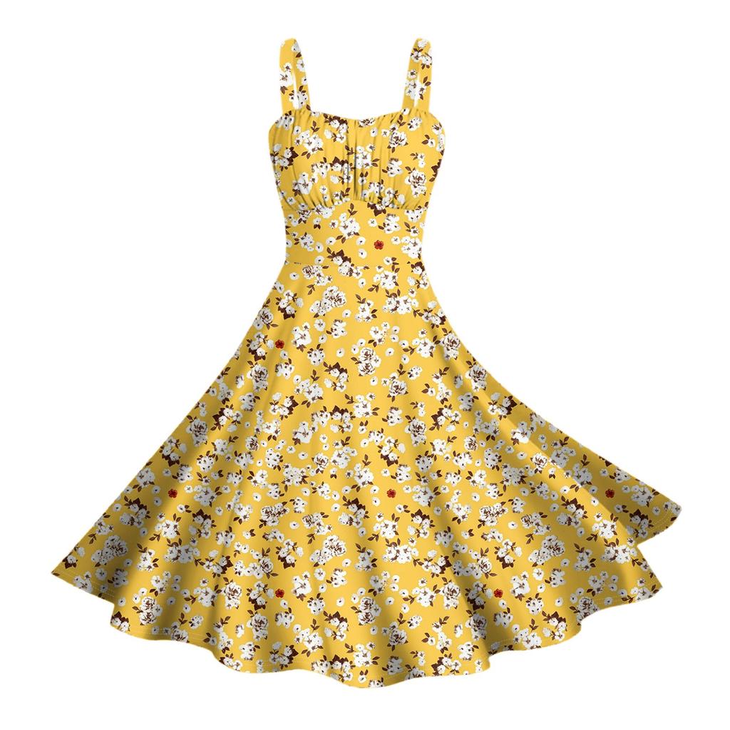 Damen Vintage Ärmellos Plissiert Patchwork Niedlich A-Linien Saum Blumendruck Kleider