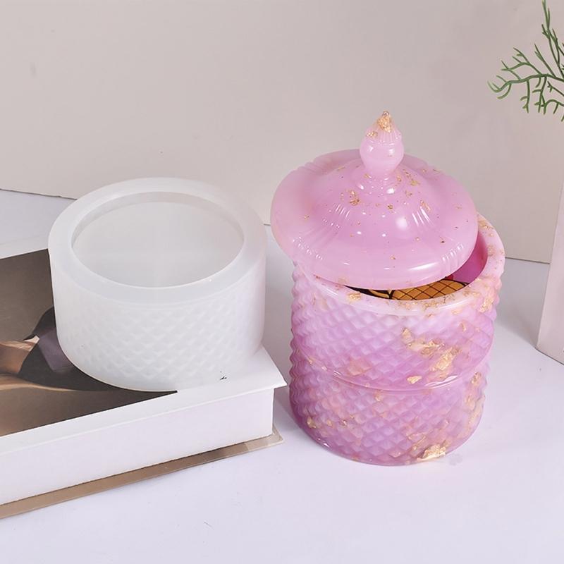 Resin Jar Silicone Molds with Lid Rhombic Striped Jewelry Box Silicone Molds for Candle Cup Jewelry Box Home Decoration