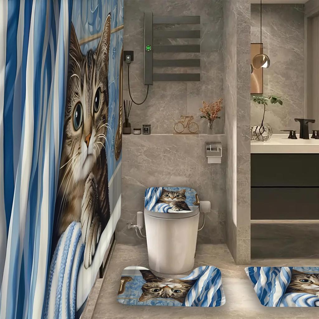 1/4 buc. Set Perdea de Duș Impermeabilă cu Model Pisică Drăguță de Lux Set Decorativ pentru Baie Covor Antiderapant Husă pentru Toaletă Covoraș de Baie și 12 Cârlige