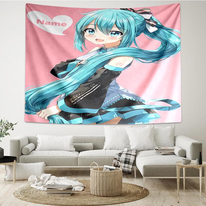 Custom Name Hatsune Miku Print Tapestry, Backdrop, Easy Setup, Ideal for Bedroom, Office & Living Room, with Aesthetic Wall Hanging Decor.
