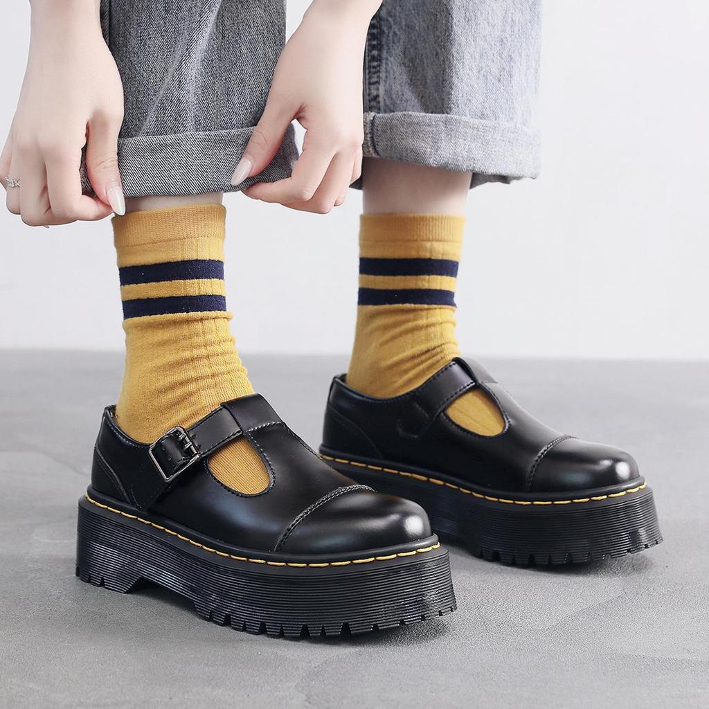 T-straps Mary Jane damskor med tjock sula, Låga brittisk stil plattform casual skor