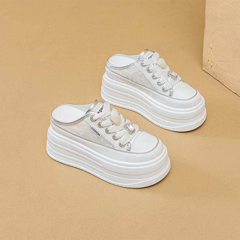 

Сетчатые дышащие полутапочки женские 2025 весна и лето новая мода Ins маффин женская обувь платформа дышащие тапочки с закрытым мыском 39 серебряный