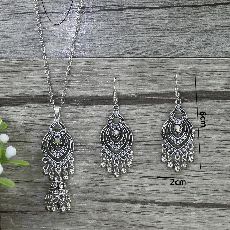 GemChic Women's New Classical Ethnic Alloy Hollow Bell Tassel Pendant Necklace Earrings Two Piece Set Birthday Christmas Jewelry Gift