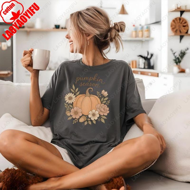 Pumpkin Season Cotton TShirt Fall Floral for Women Men Cute Thanksgiving Autumn Season Tops Cozy Outfit Popular Harajuku Tees