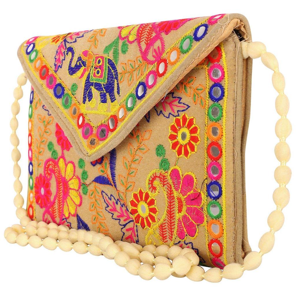 Clutch Bags for Women Handmade Embroidery Mirror Work Stylish Sling Bags for Women Cross Body Bags for Ladies and Girls - 22X16 Cm