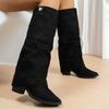 Moda Otoño Moda de Mujer Botas de Tacón Alto Punta Puntiaguda Tacones de Bloque Botas Hasta la Rodilla Retro Franela Pull-on Botas de Montar Zapatos de Mujer