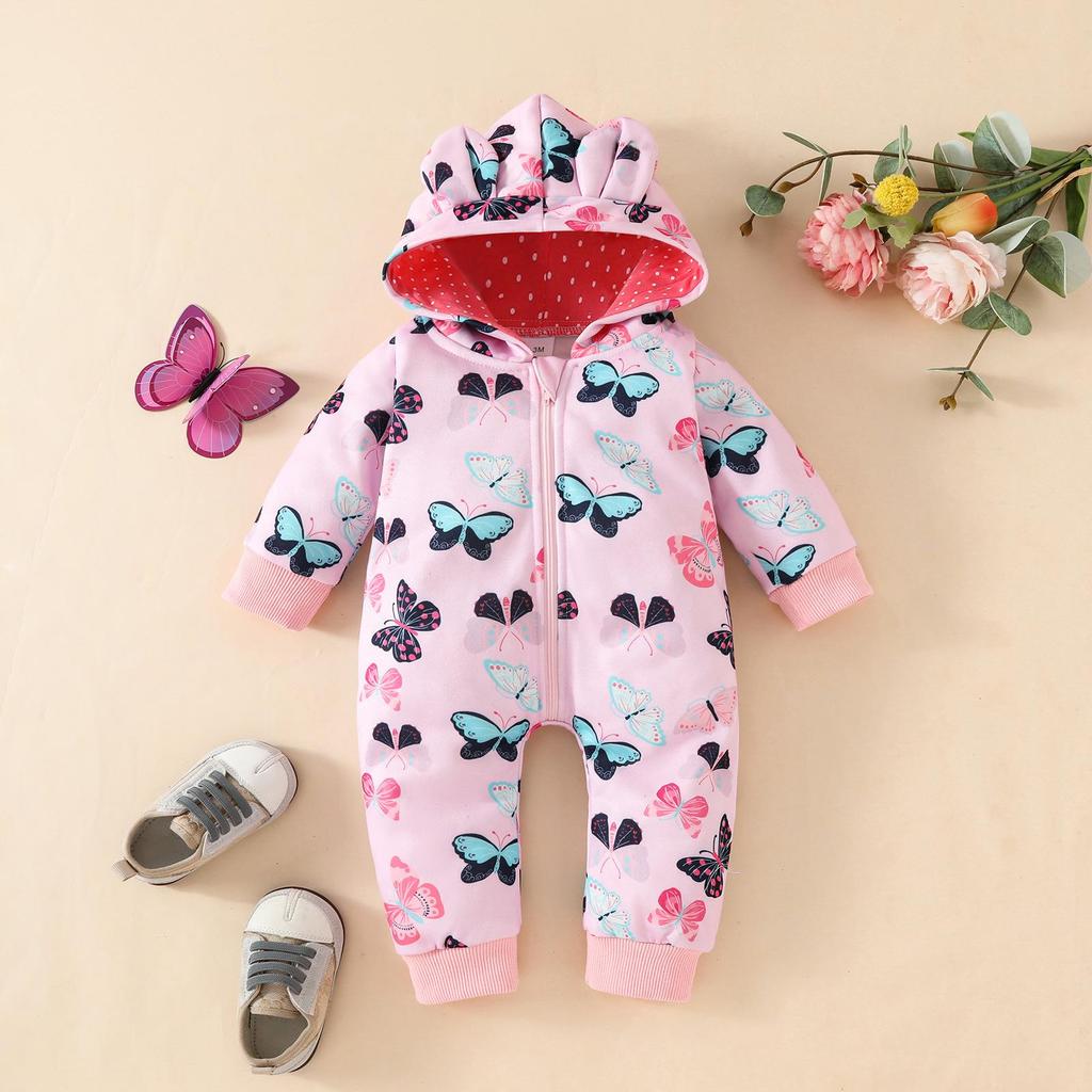 Kapuzen-Strampler für Babys und Kleinkinder: Reißverschluss mit Schleife, Erdbeerdesign, für 0-2 Jahre, Herbst/Winter Strampler.