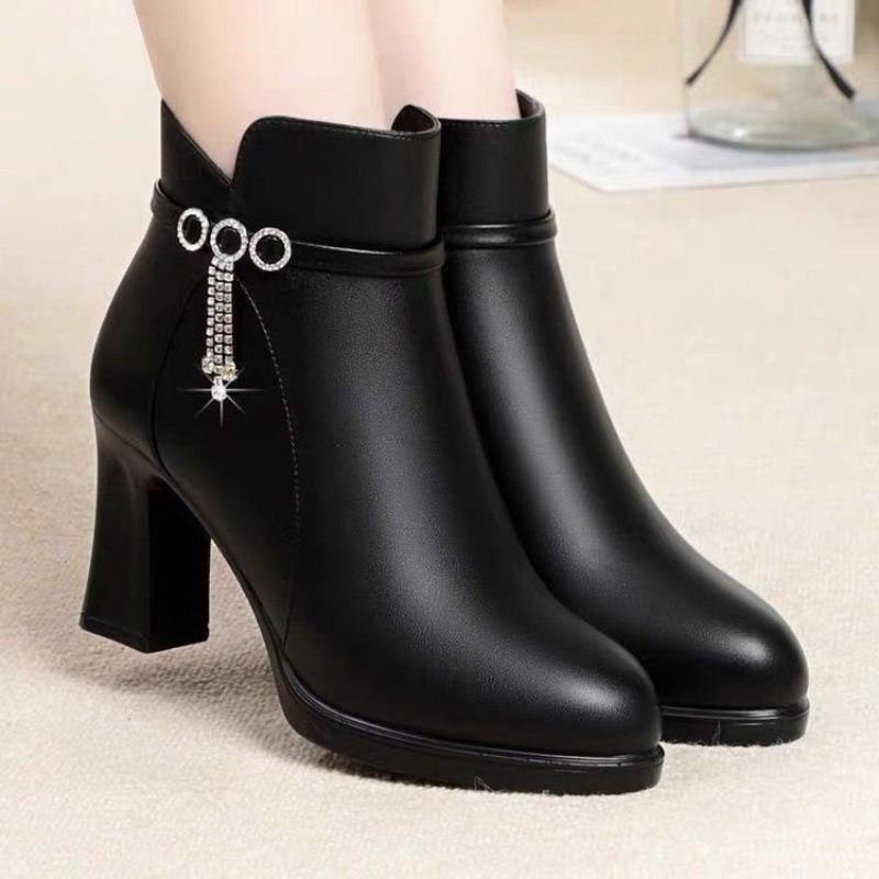 Winter High-heeled Rhinestone Martin Boots Women's New Warm Thick-heeled Thick-soled Velvet Versatile Fashionable Women's Cotton Boots