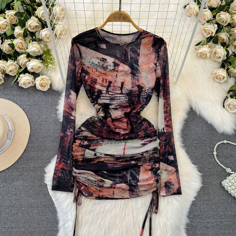 

Ruched American Retro Cool Long Sleeve Dress Drawstring Brown Spell Black All yards