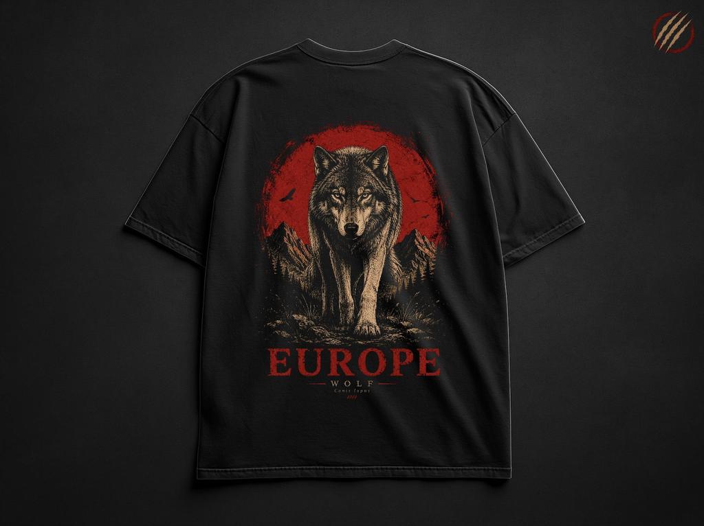 Wolf Shirt Men, Wolf T-Shirt, Red Moon Wolf Tee, Dark Fantasy Shirt, Wolf Gift, European Wolf Tee, Oversized Wolf Shirt