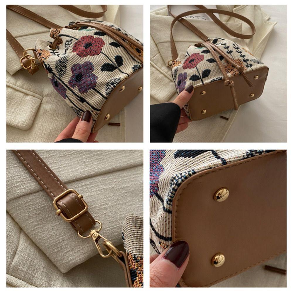 Modische Leinenstoff Eimer Tasche Blumenmuster Verstellbarer Kordelzug Schultertasche Ethnischer Stil Umhängetasche Damenmode
