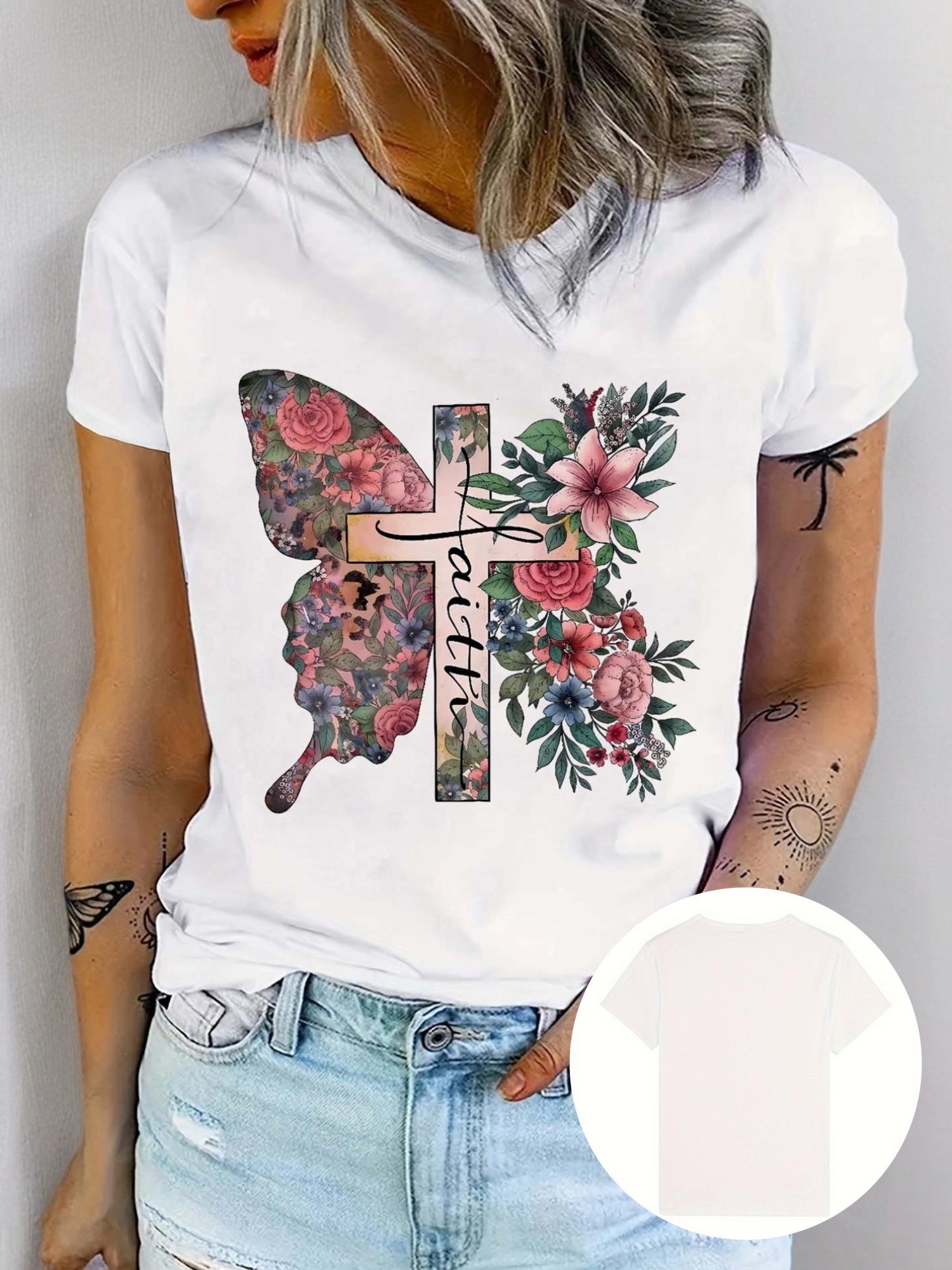Floral Butterfly Faith Cross Graphic T-shirt L