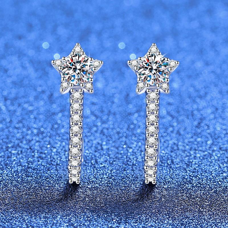 Sterling Star Stud Earrings With Moissanite CZ Pave Delicate U-Shaped Five-Point Women Office Chic Daily