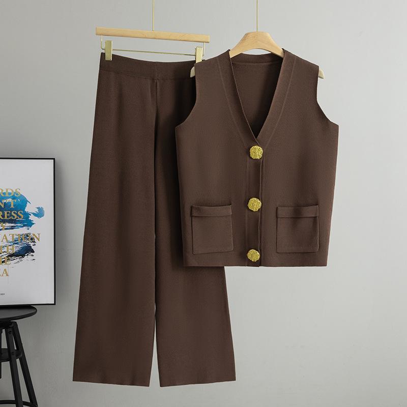 2025 Letní Móda Dvoudílný Pletený Vesta na Knoflíky & Sada Dlouhých Kalhot