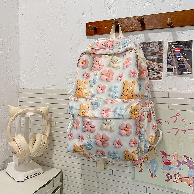 School bag Korean version ins cute cartoon bear print element ulzzang versatile soft girl flower back
