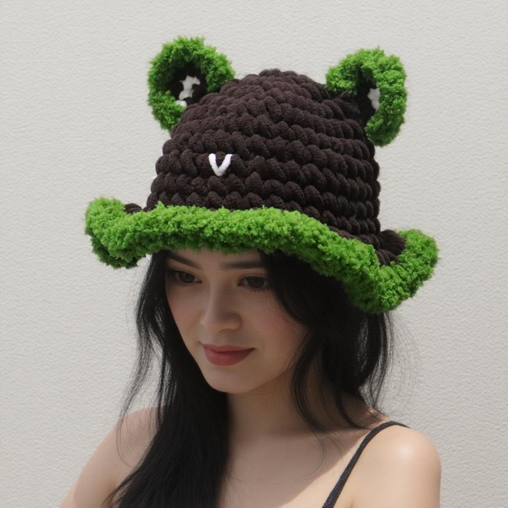 New Handcrocheted Thick Thread Bucket Hat Wavy Edge Plush Hat Contrasting Color Bear Ears Japan and Korea Cute Hat