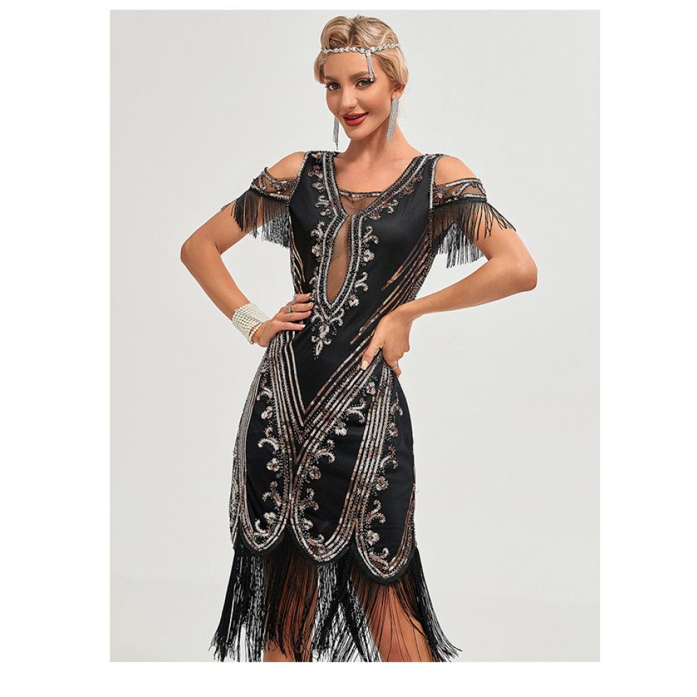 1920S Retro Ball Embroidered Fringed Dress Cocktail Party Large Size Sequined Beaded Mesh Dress