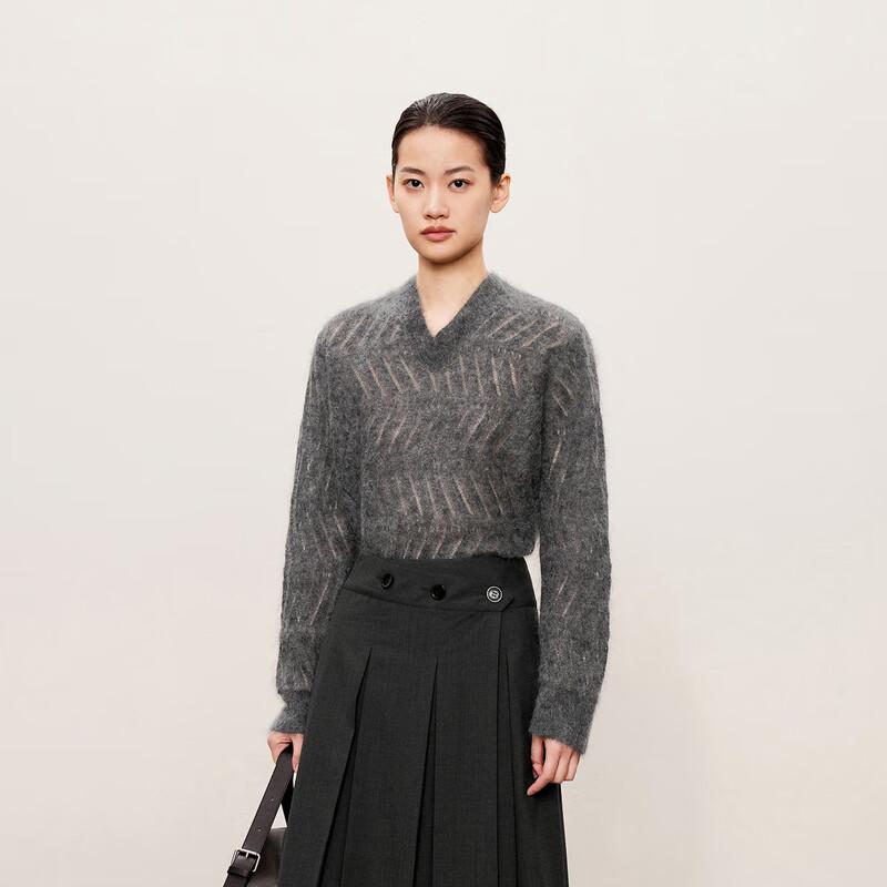 LESS Women's V-Neck Long Sleeve Mohair Blend Pullover Sweater