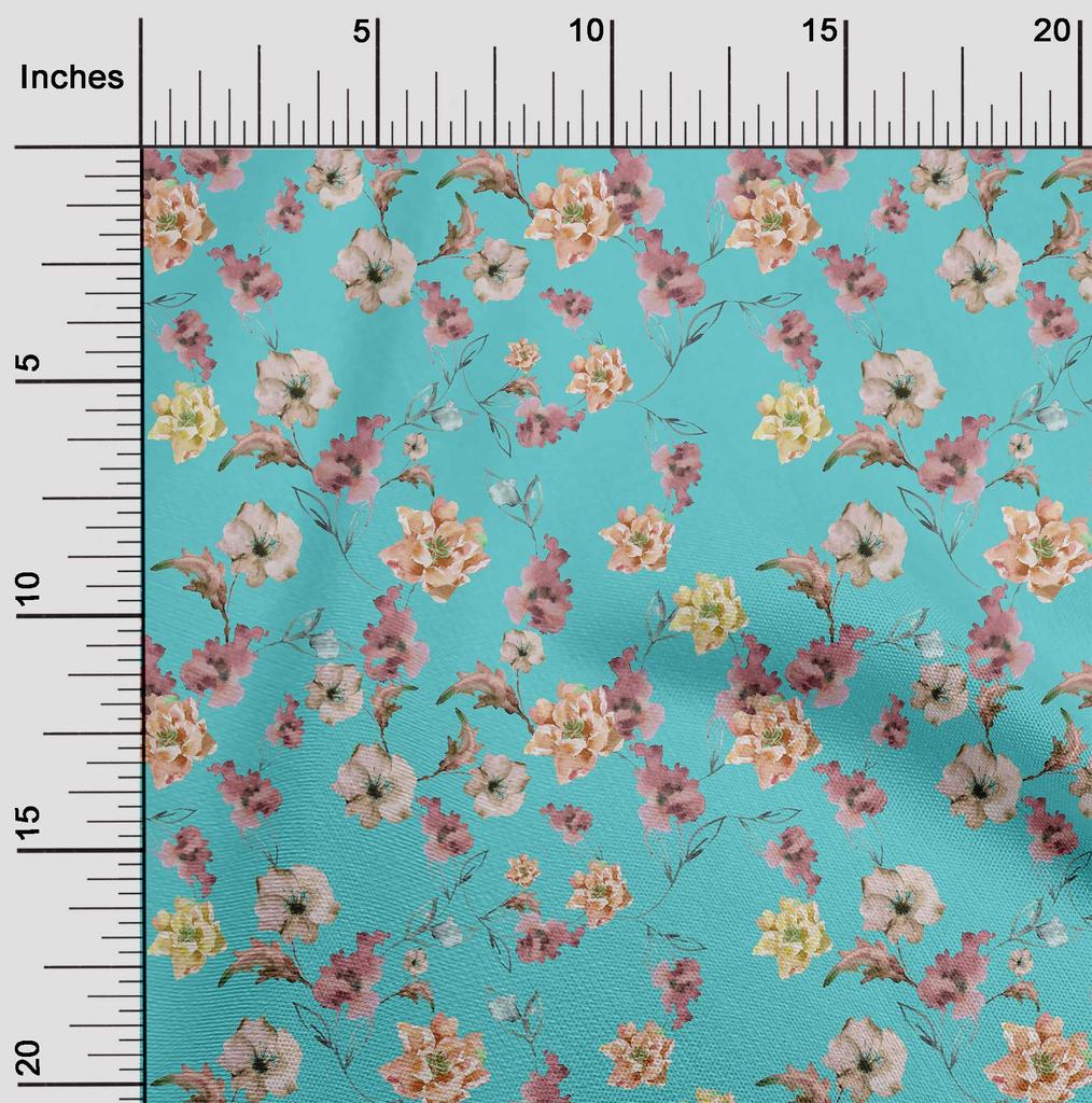 oneOone Cotton Flex Aquamarine Fabric Flower & Leaves Watercolor Sewing Fabric By The Yard Printed Diy Clothing Sewing Supplies 40 Inch