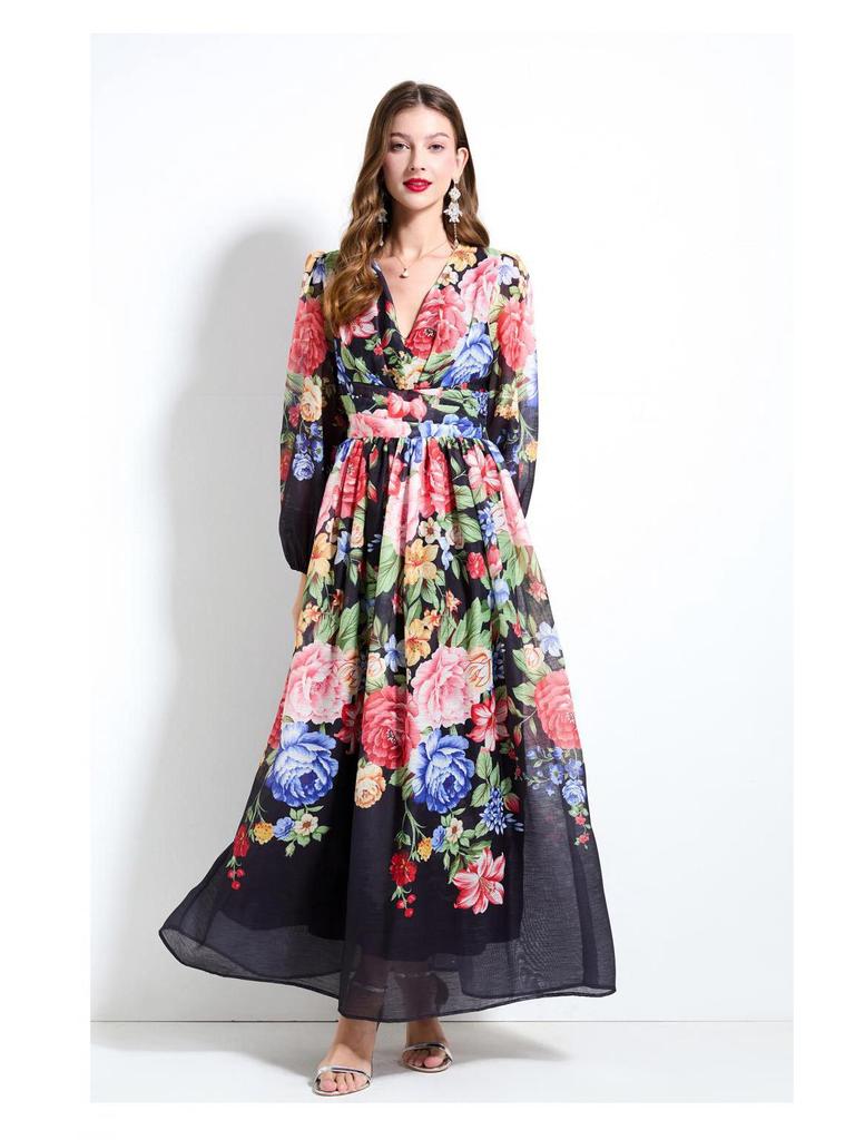 2025 Spring/Summer Floral V-Neck Lantern Sleeve Dress with Ruched Waist & Ruffle Hem