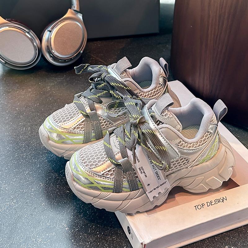 Children's double net breathable dad shoes silver fashion sneakers 2025 spring and autumn new boys and girls Korean version casual shoes
