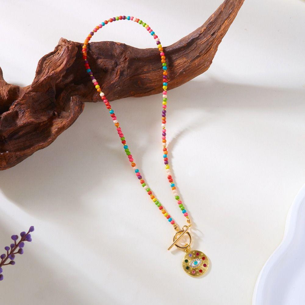 Boho Style Colorful Stone Choker 4mm Beads Beads Chain Necklace Evil Eye Charm Pendant  Women Girls