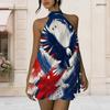 Women Plus Size Halter Backless Fake Two Piece Dress Cosmic Planet Star Patriotic Print Mini Dress