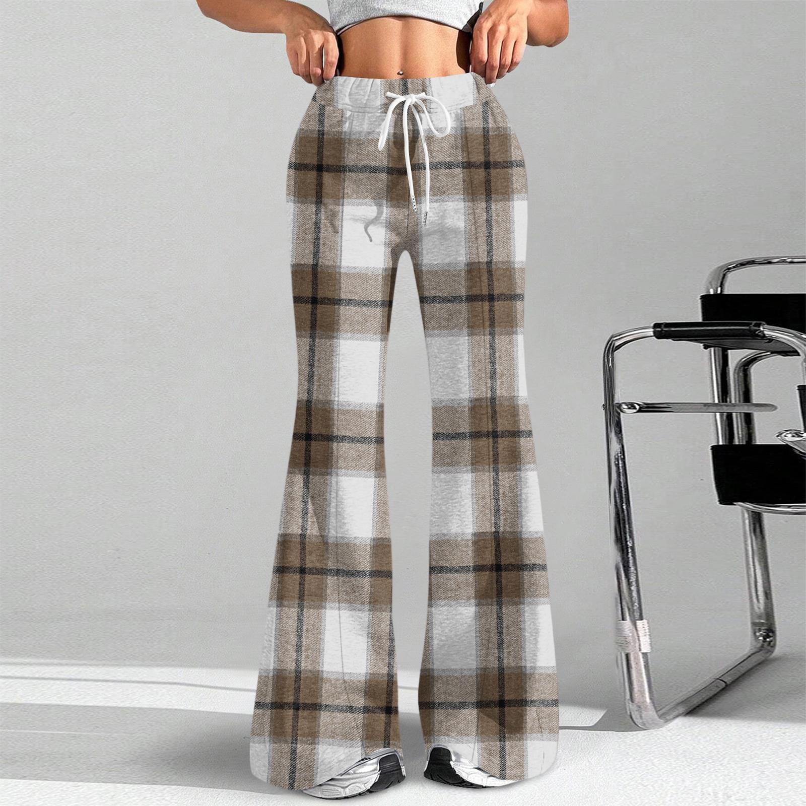 

Women s Fashion Loose Drawstring Waist Plaid Printed Casual Sports Pants Casual Flared Pants L