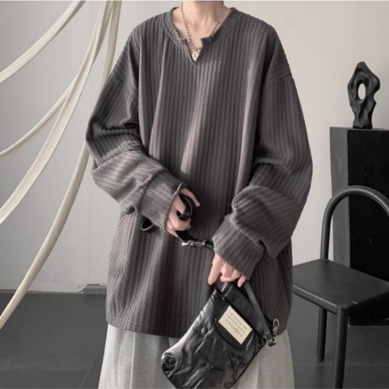 Spring Autumn V-neck Solid Color Casual Fashion Pullover Tee Male Long Sleeve All-match Bottomed T-shirt Top Men