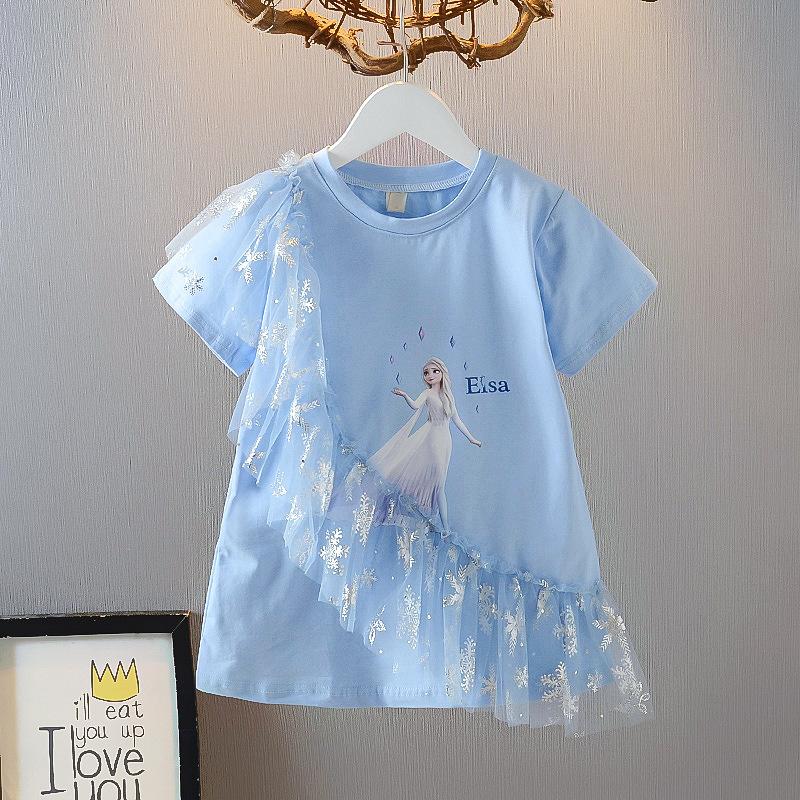 Summer Princess T-Shirt For Girls - Short Sleeve Cartoon Long Tee 100cm синий