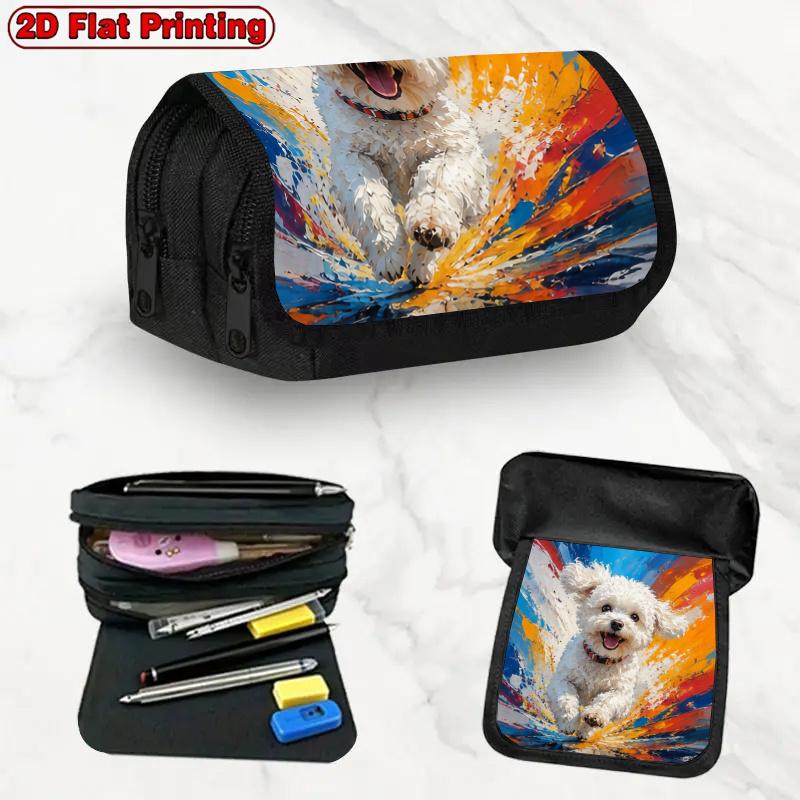 1pc Art Puppy White Design Double Layer Flip Pencil Case-Multi Layer Flip Cover Design, Storage Bag, Zipper Closure, Suitable for Schools, Offices, an