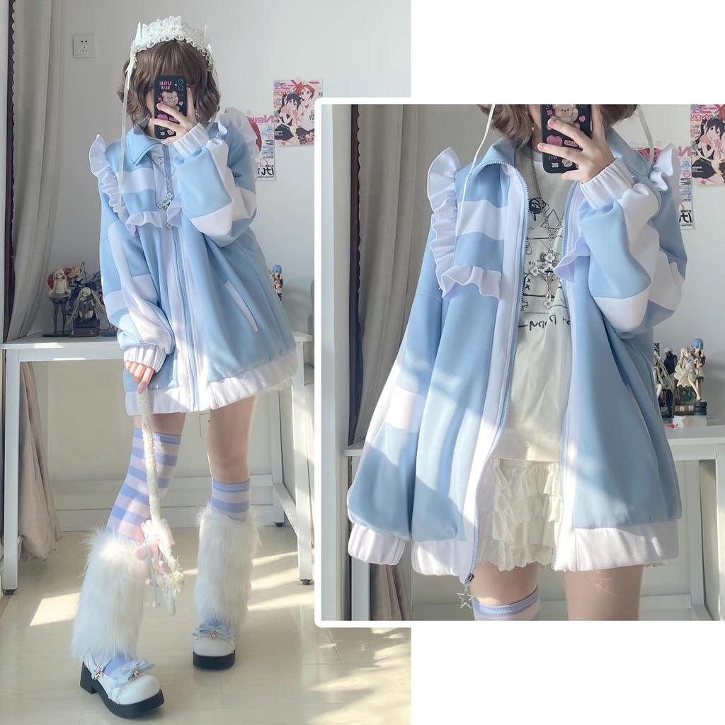 XHSUKADO Stylish Long Sleeve Subculture Light Angel Color Light Size L Women's Zip-Up Hoodie, Top, Stand-Up Collar, Spring, Autumn, Winter,