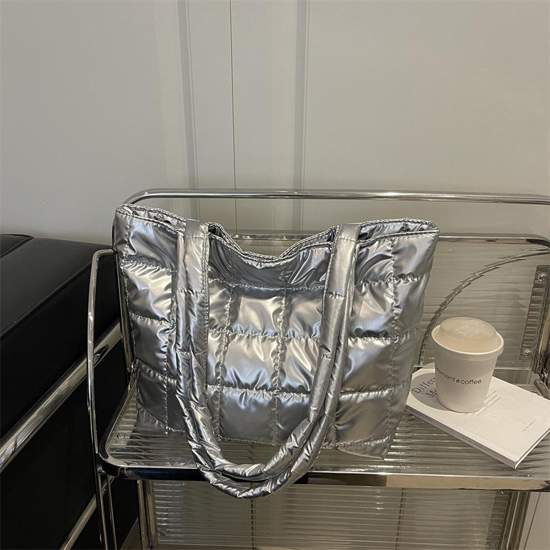 Retro Large-capacity Bag Autumn and Winter New Checkered Down Cotton Shoulder Bag Simple Temperament Portable Tote Bag