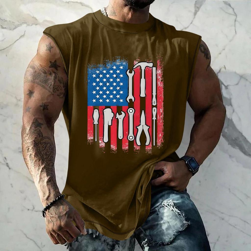 Men's Loose Fit Sleeveless Tank Top Casual Sportswear Muscle Shirt with Tool Print Graphic for Labor Day Outdoor Activities