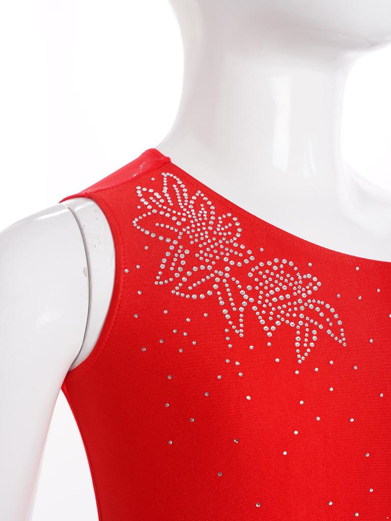 Rochie de Dans Liric pentru Fete Fără Mâneci cu Model Floral cu Strasuri Asimetrică cu Fantă pentru Spectacole de Scenă