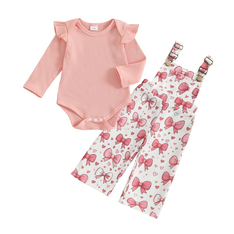 Autumn Fashion Newborn Baby Girls Clothing Set Solid Color Long Sleeve Ribbed Romper with Floral Print Overalls 2Pcs Outfit
