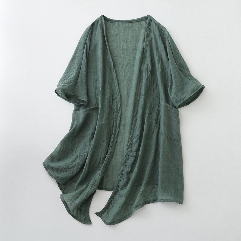 Cotton and Linen Cardigan for Women V-Neck Coat Casual Cardigan Thin Style Ramie Sunscreen Clothing Summer Shirt