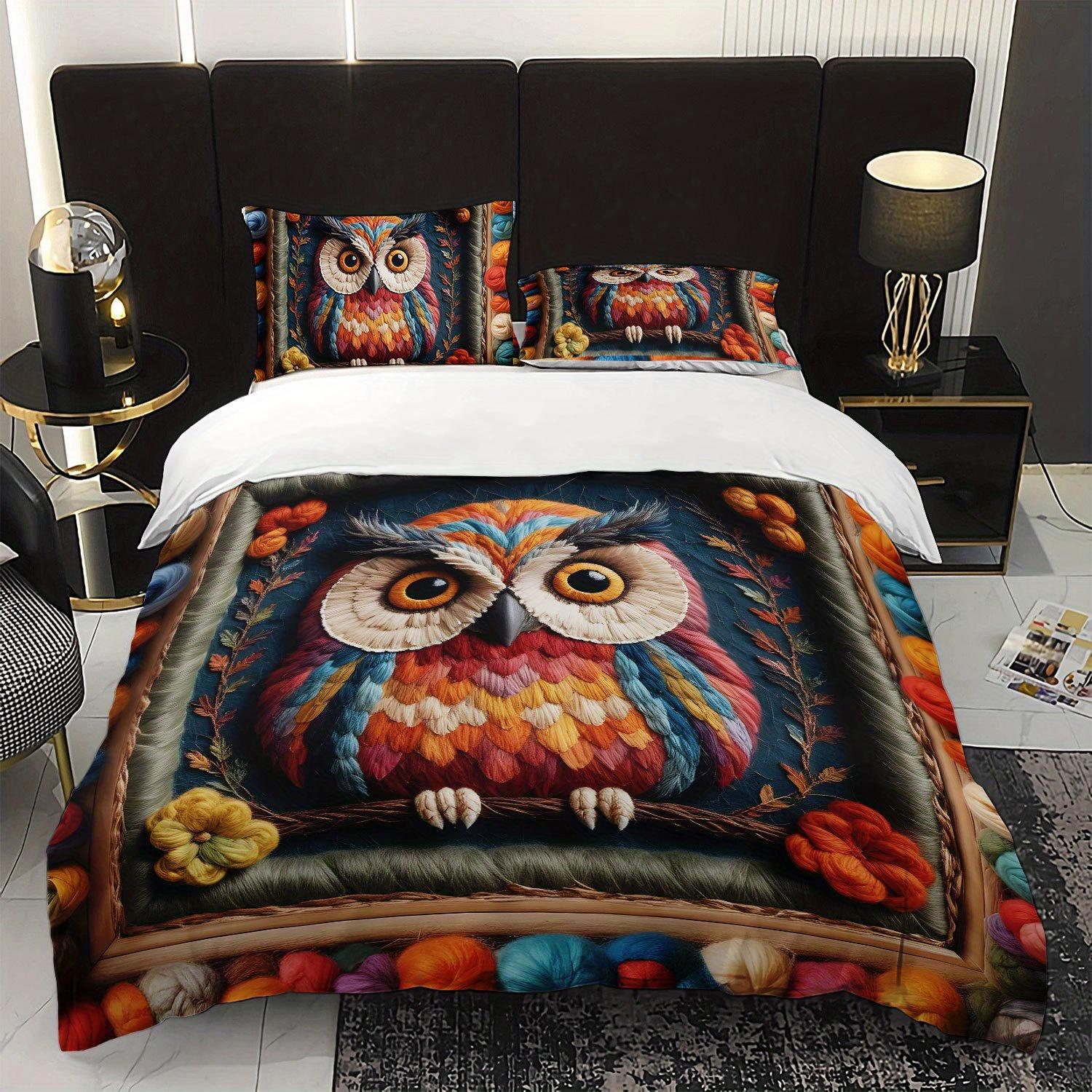 3pcs Bohemian Owl Printed Bedding Duvet Cover Set Owl Themed Bedding Quilt Set Floral Printed Owl Bedroom Decor Bed Quilt Set (135x200cm)