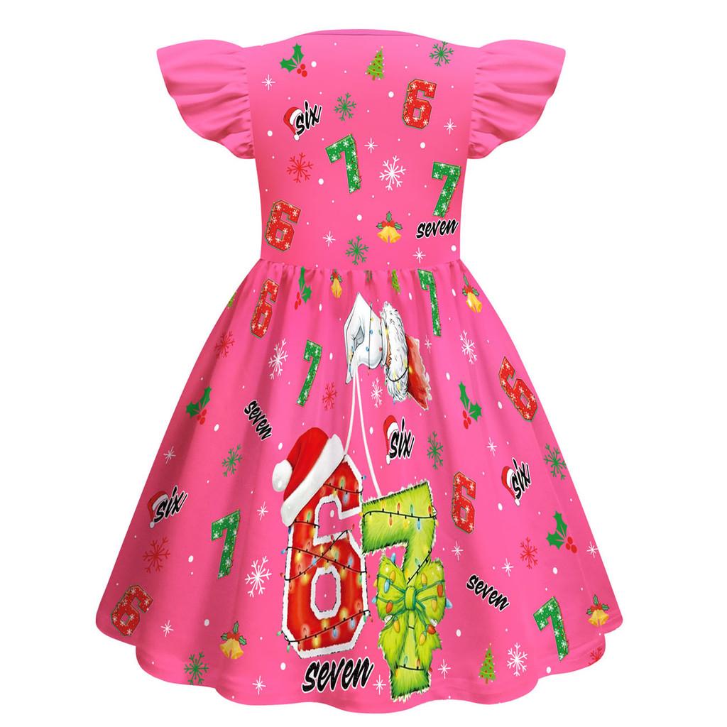 82839 Kids Girls Christmas Steal a Brainrot 67 Six Seven Print Ruffle Sleeveless Princess Dress